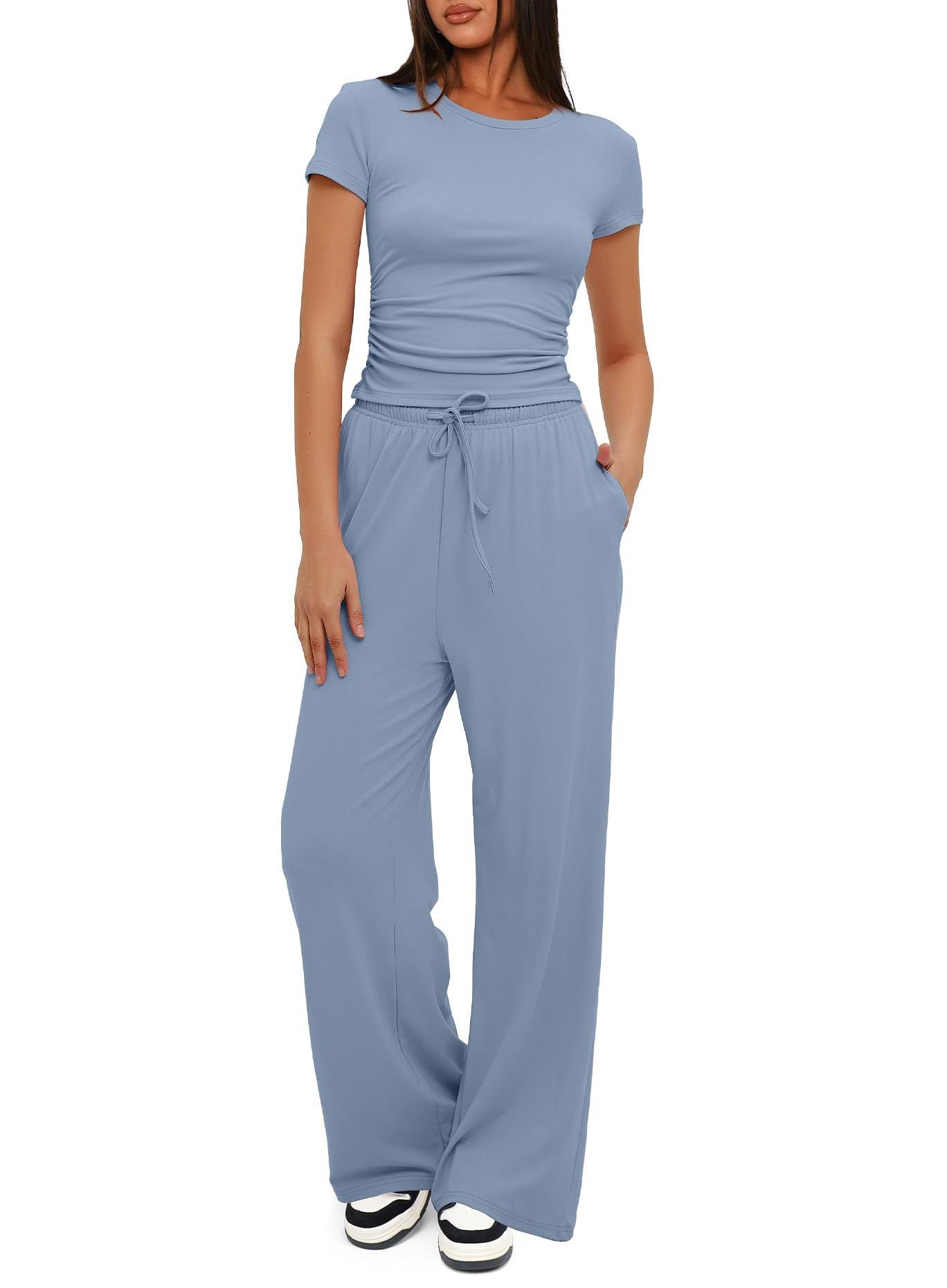 Loom & Soul™ 2-Piece Solid Color Yoga Set – Women’s Short-Sleeve Top & High-Waist Wide-Leg Pants