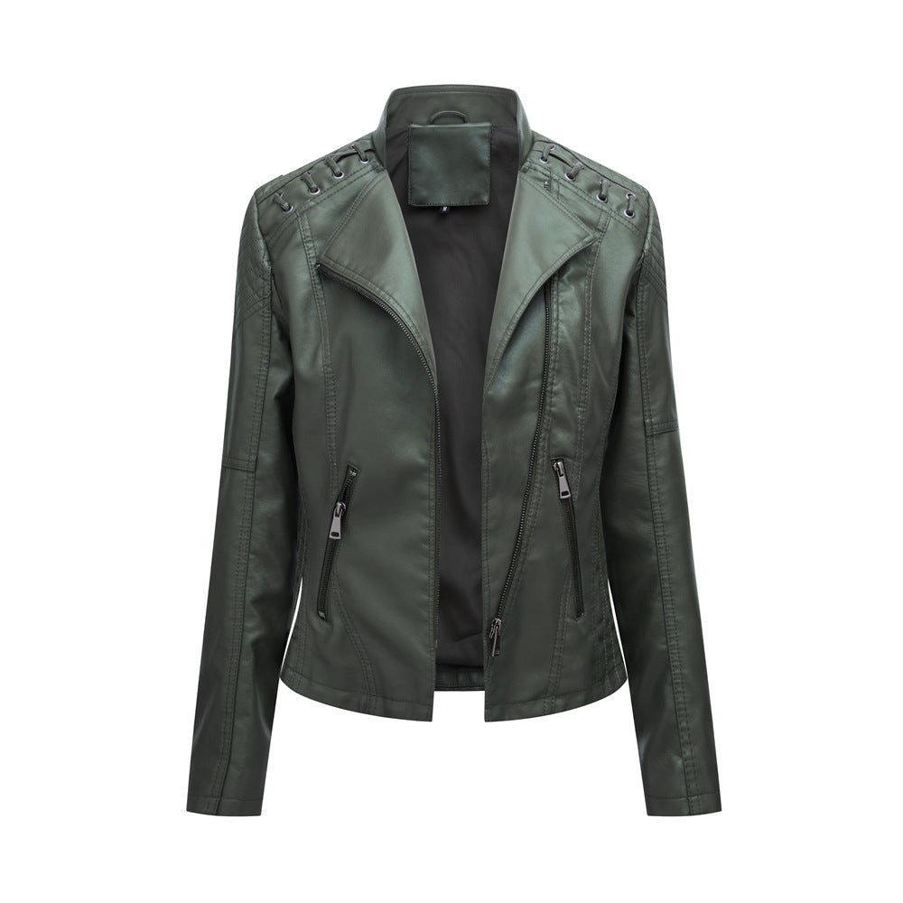 Loom & Soul™ Women’s Slim PU Leather Moto Jacket – Short Lapel Biker Coat for Chic Everyday Confidence