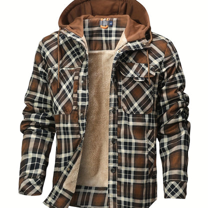 Men’s Plaid Flannel Hooded Jacket – Asymmetrical Button Tartan Coat
