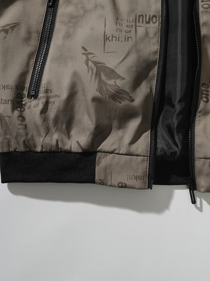 Men’s Feather Print Track Jacket – Zip-Up Baseball Collar Street Coat