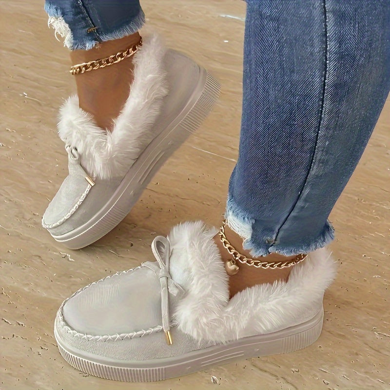 Botas de nieve de plataforma afelpadas para mujer – Zapatos de invierno acogedores con lazo