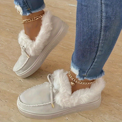 Botas de nieve de plataforma afelpadas para mujer – Zapatos de invierno acogedores con lazo