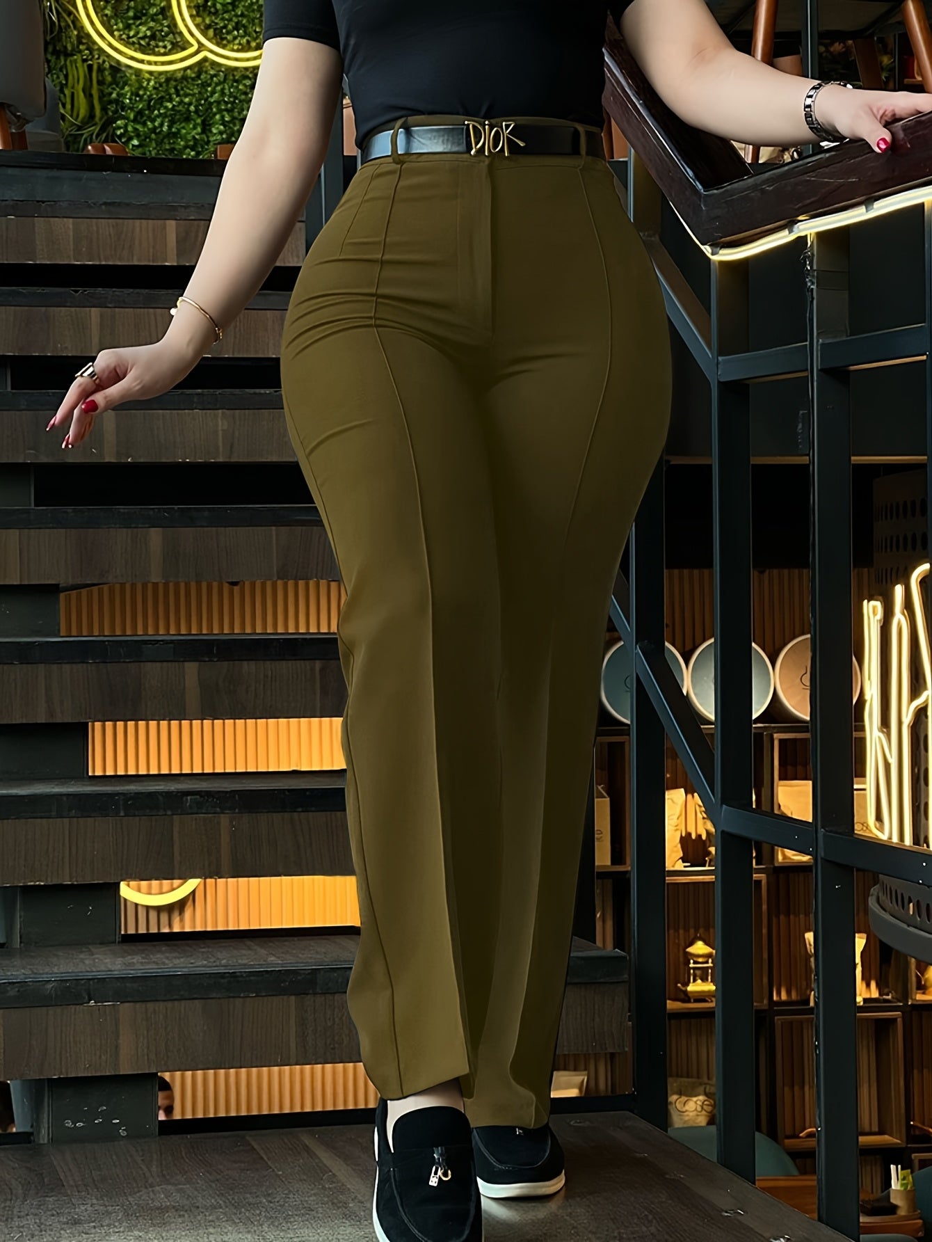 Pantalón de vestir de mujer de talle alto con pernera recta – Pantalón de trabajo negro elegante