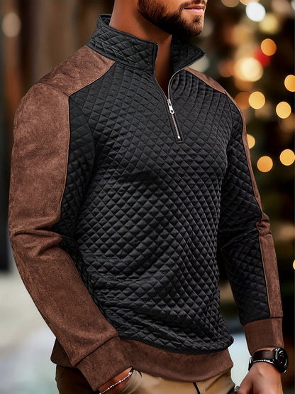 Henley zippé en maille diamant pour homme – Pull texturé color block
