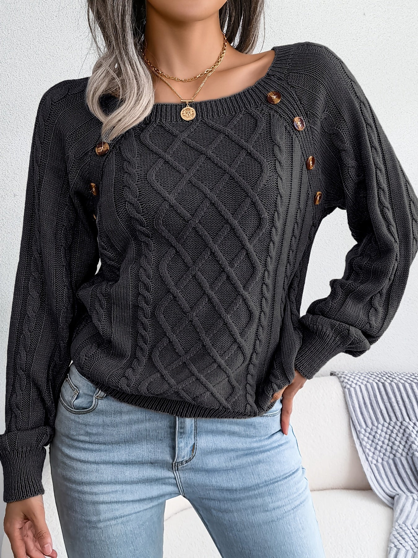 Women’s Textured Lantern Sleeve Sweater – Button Detail Knit Top