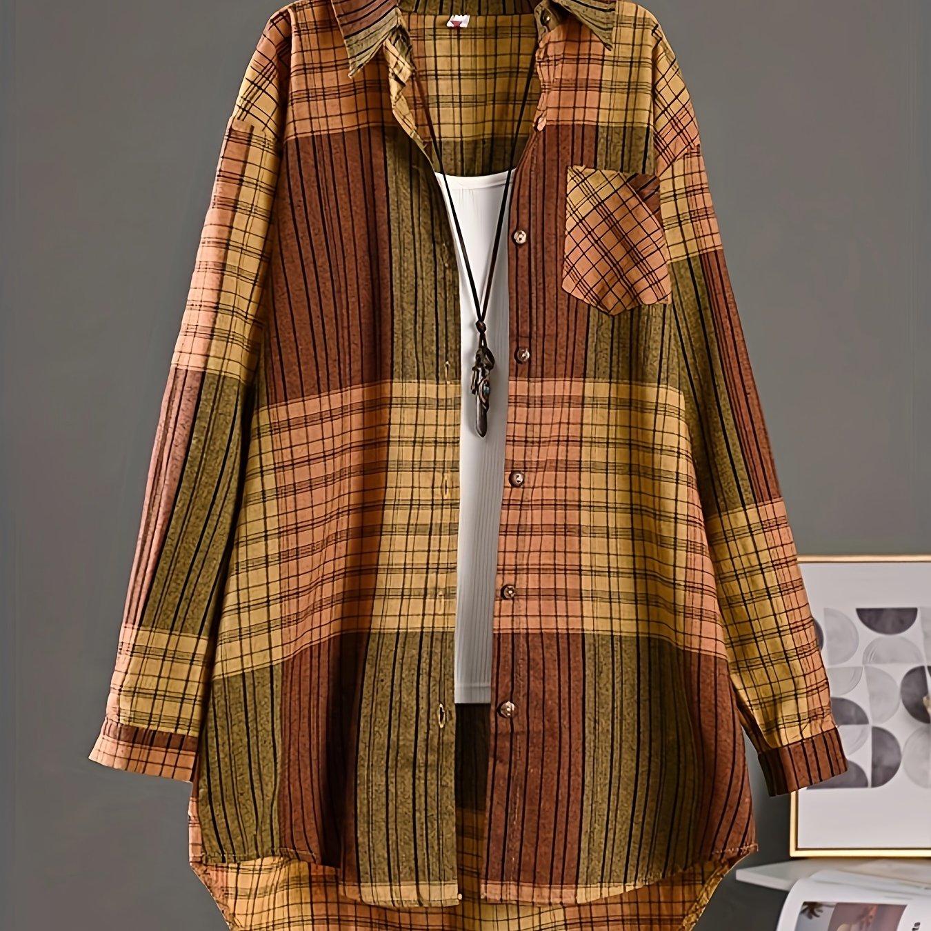 Women’s Vintage Plaid Shirt – Loose Button-Up All-Season Top