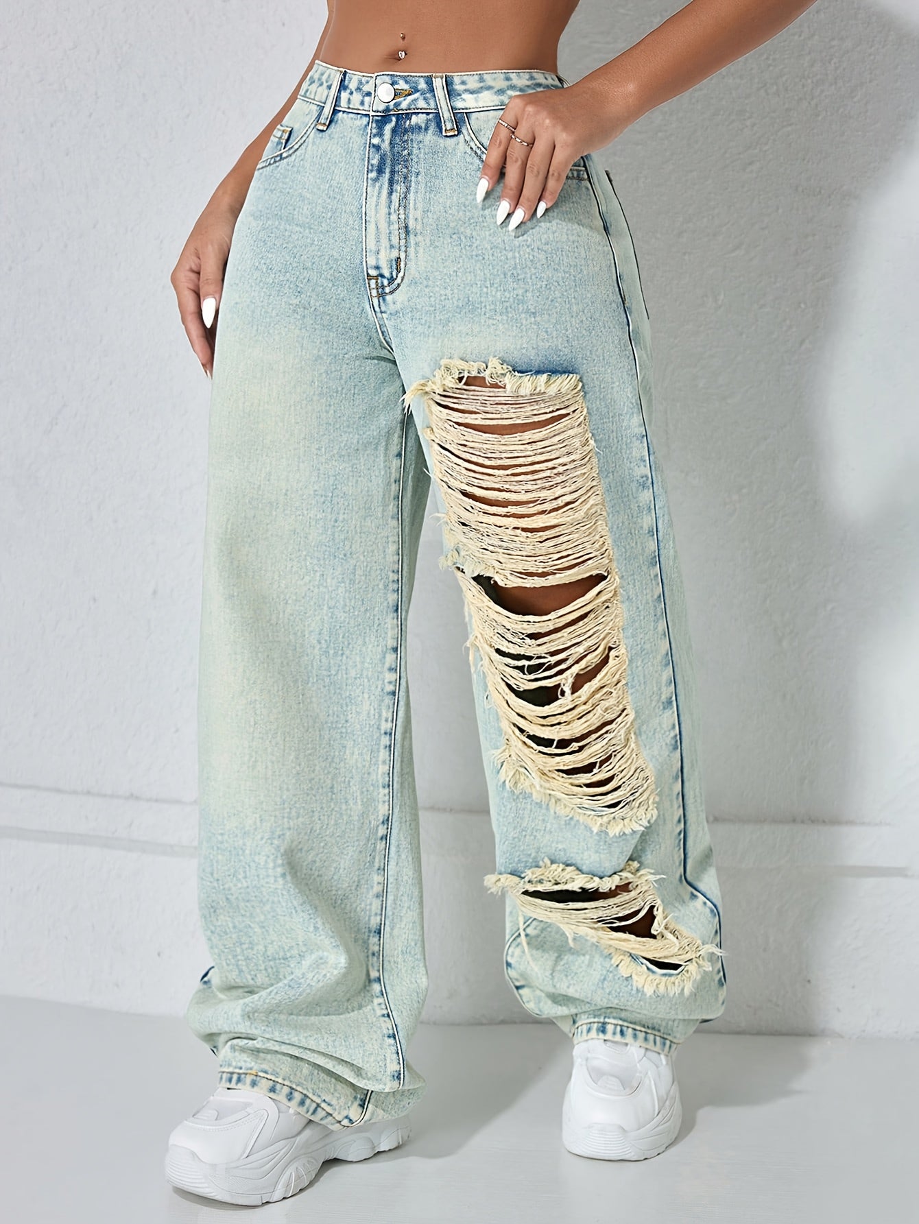 Vaqueros anchos vintage desgastados – Denim clásico lavado azul estilo urbano