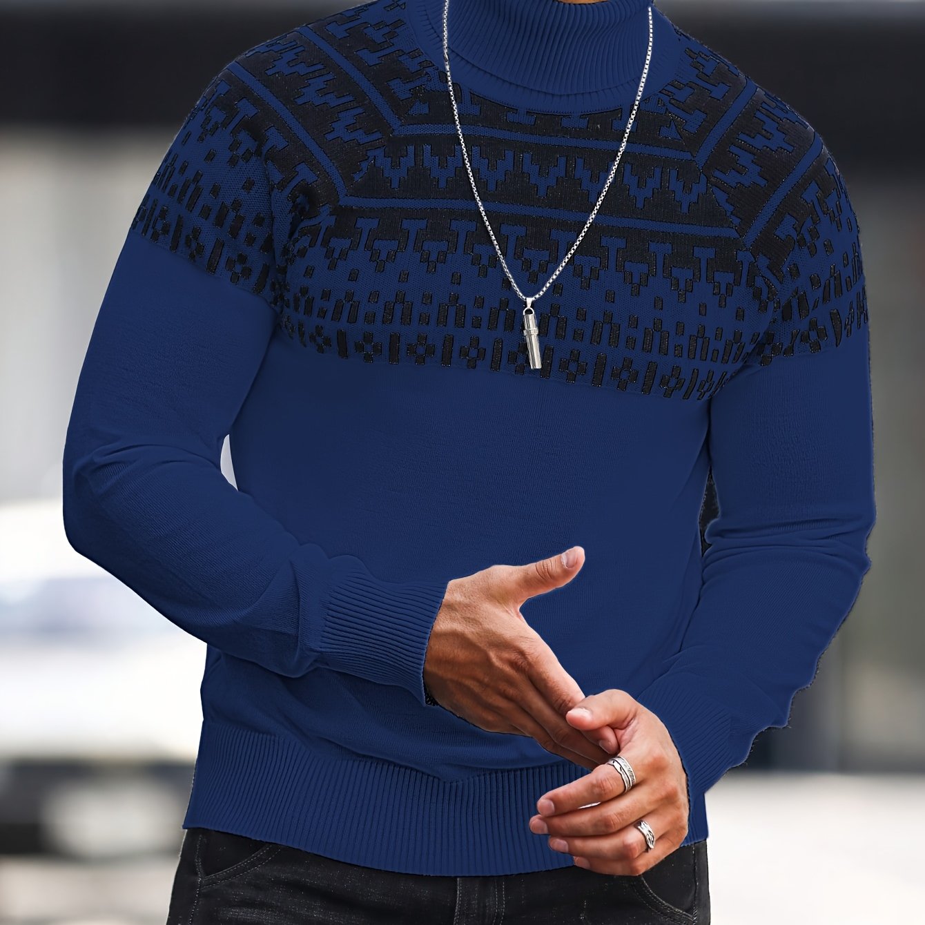 Suéter de cuello alto geométrico para hombre - Suéter informal de punto para otoño e invierno