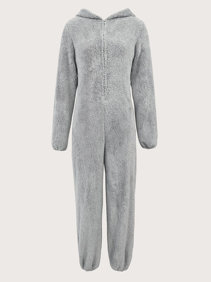 Fuzzy Zip-Up Hooded Jumpsuit – Women’s Warm Cozy One-Piece for Fall/Winter