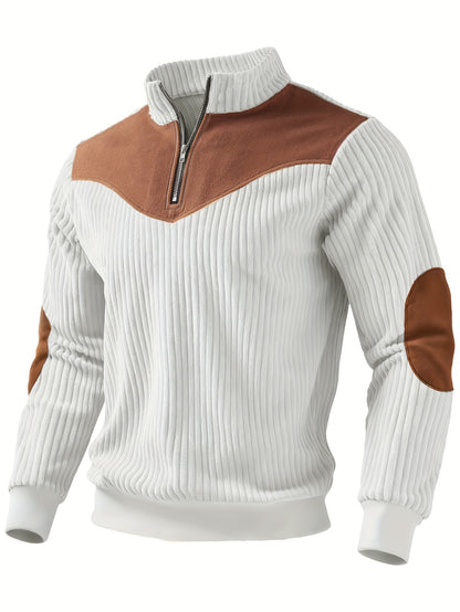 Men’s Stand Collar Half-Zip Pullover – Warm Ribbed Retro Sweatshirt