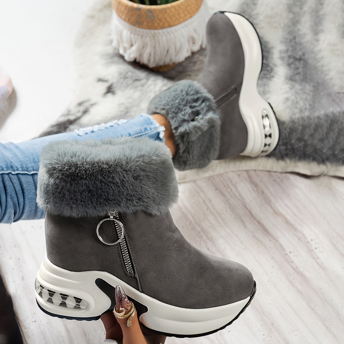 Botines de plataforma para mujer – Zapatos de invierno con cremallera y forro de felpa