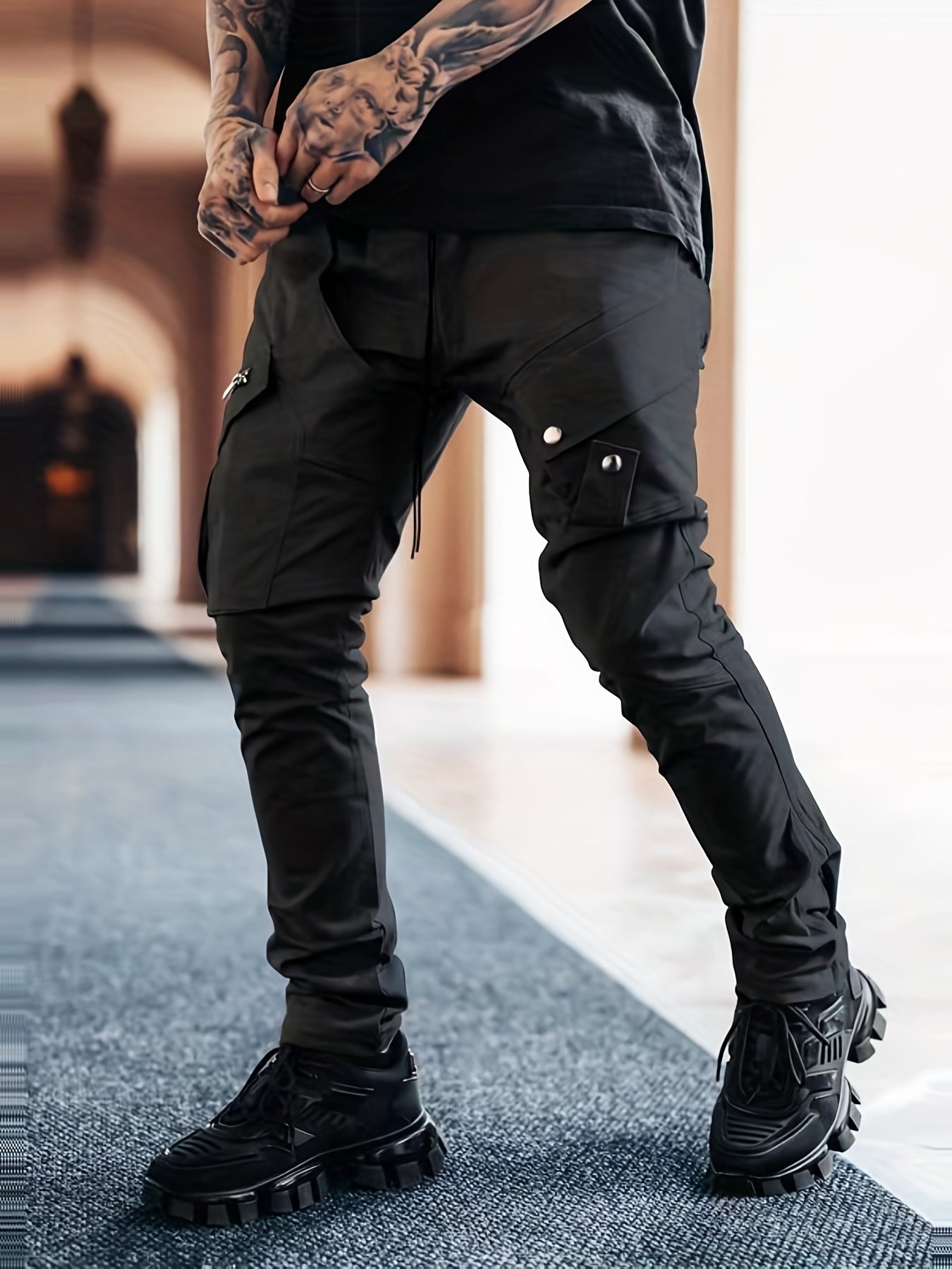 Men’s Black Cargo Pants – Multi-Pocket Drawstring Streetwear Trousers