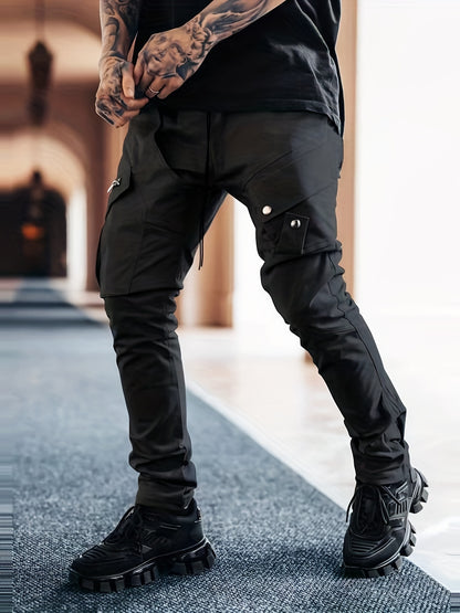 Men’s Black Cargo Pants – Multi-Pocket Drawstring Streetwear Trousers