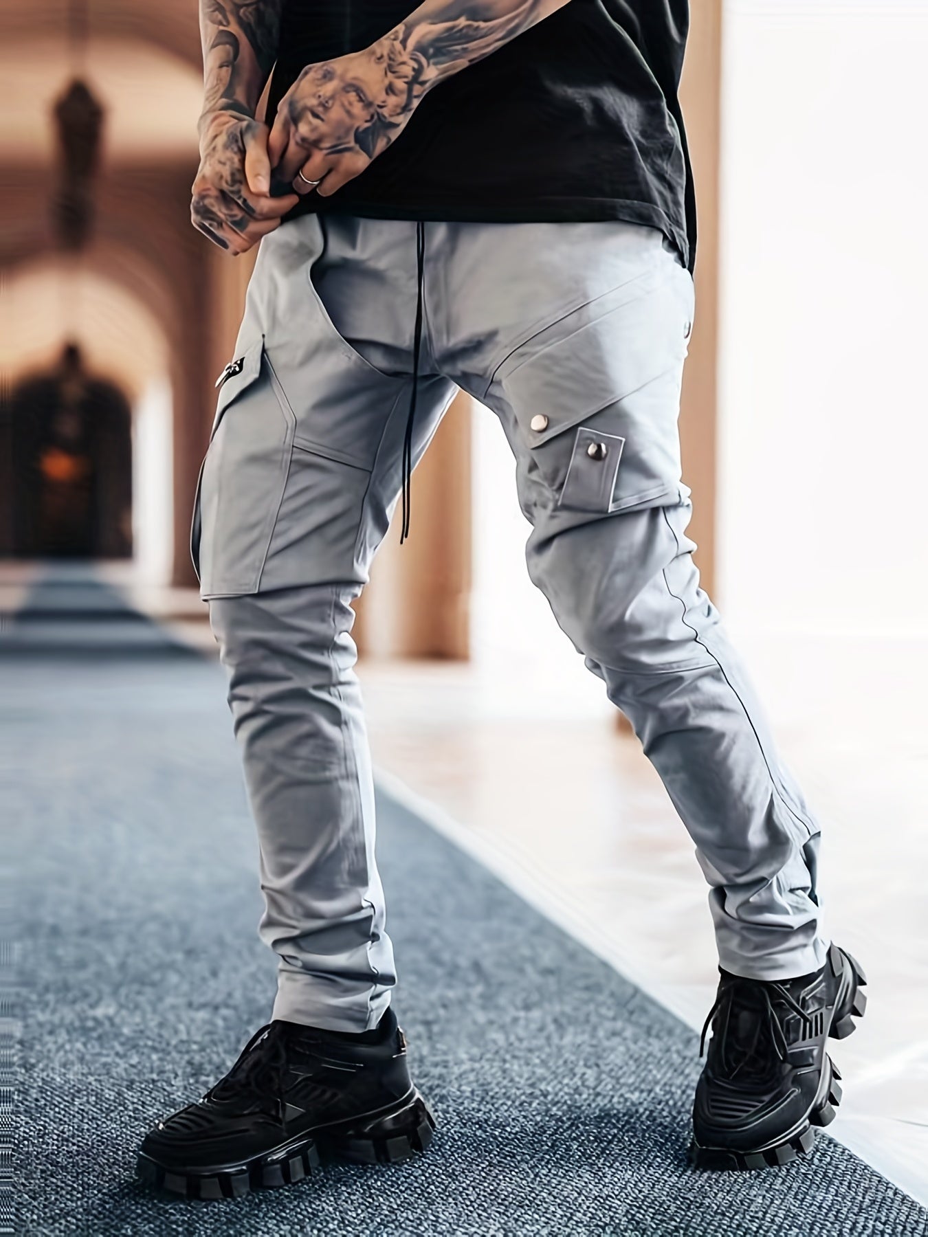 Men’s Black Cargo Pants – Multi-Pocket Drawstring Streetwear Trousers