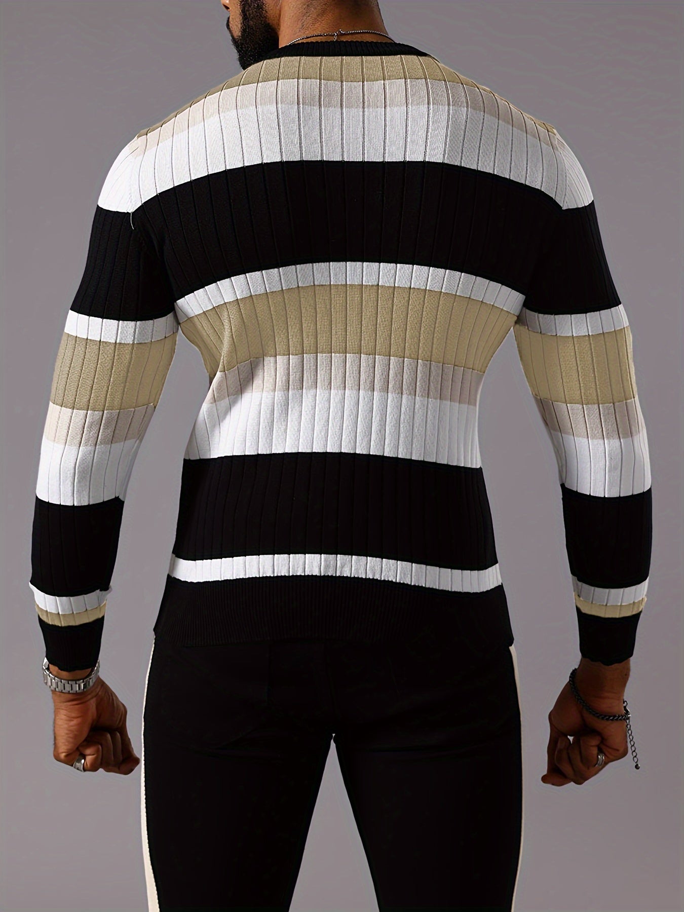 Men’s Striped Ribbed Knit Sweater – Color-Block Fall Winter Pullover