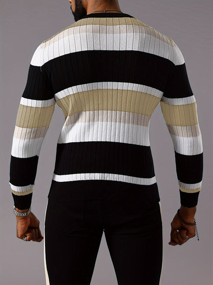 Men’s Striped Ribbed Knit Sweater – Color-Block Fall Winter Pullover