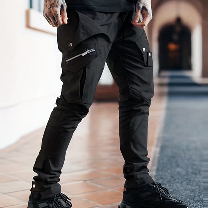 Men’s Black Cargo Pants – Multi-Pocket Drawstring Streetwear Trousers