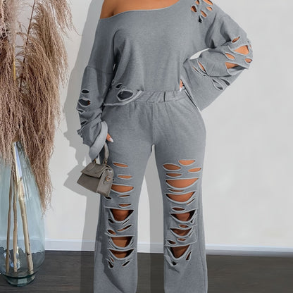 Women’s 2-Piece Off-Shoulder Distressed Set – Long Sleeve Top & Ripped Pants