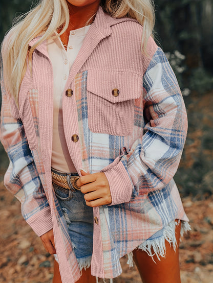 Women’s Plaid Lapel Jacket – Button-Up Drop Shoulder Fall/Spring Shacket