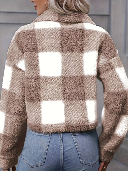 Women’s Plaid Teddy Coat – Button-Up Warm Checkered Fall/Winter Outerwear