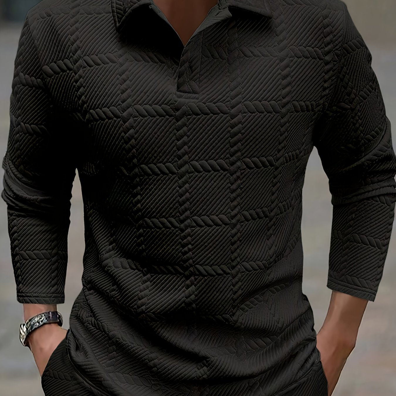 Men’s Knitted Polo Shirt – Geometric Jacquard Short Sleeve Top