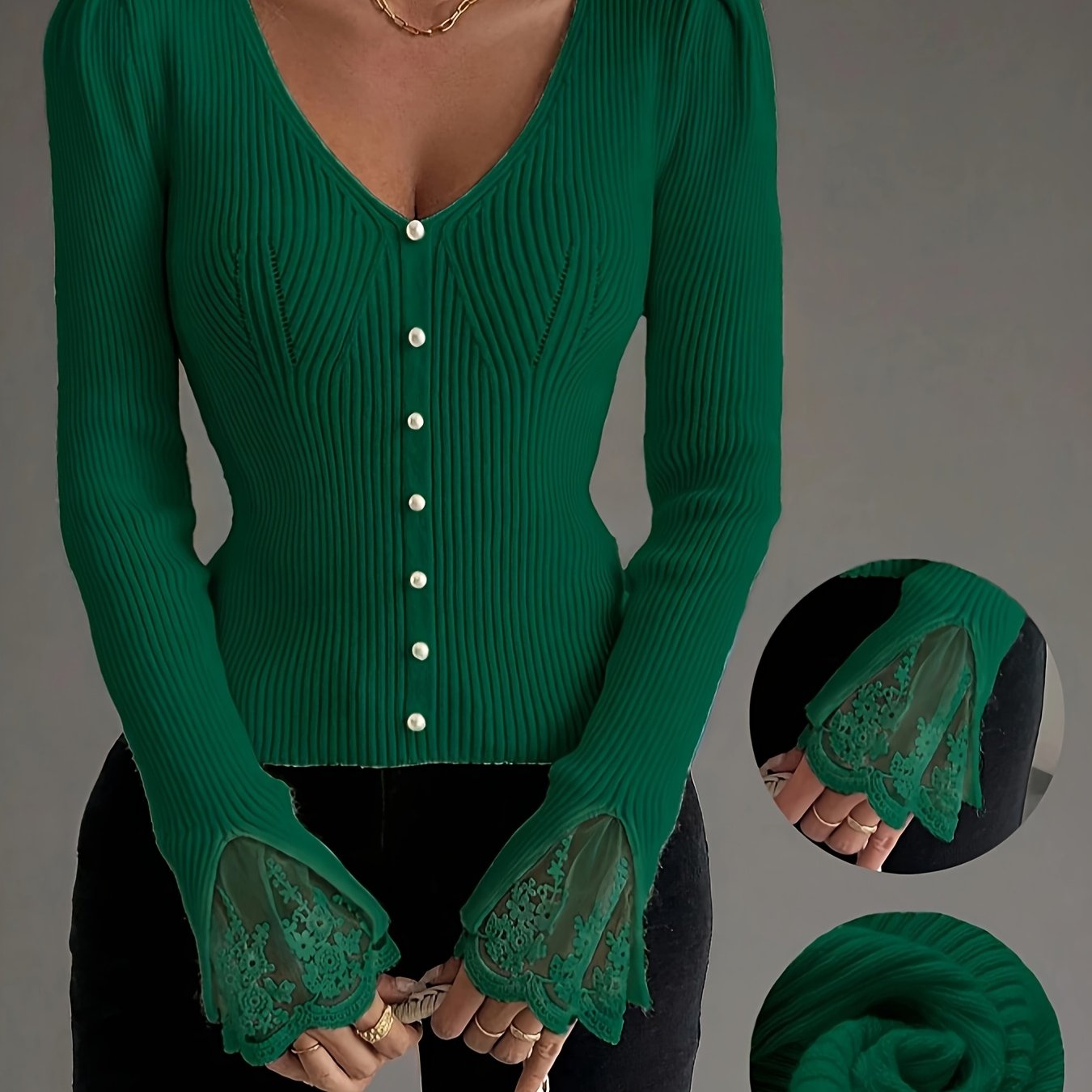 Women’s Elegant Pink V-Neck Pullover – Ribbed Long Sleeve Knit Top