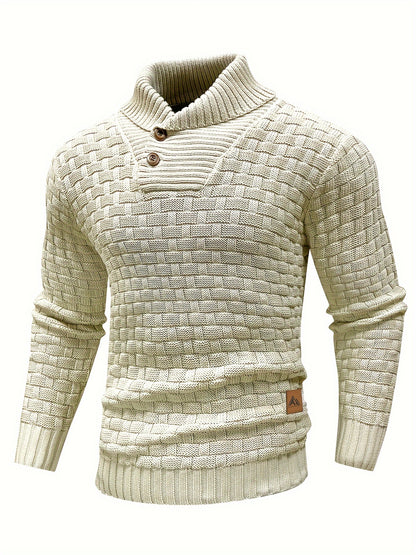 Men’s Waffle Knit Sweater – High Stretch Pullover with Lapel Collar
