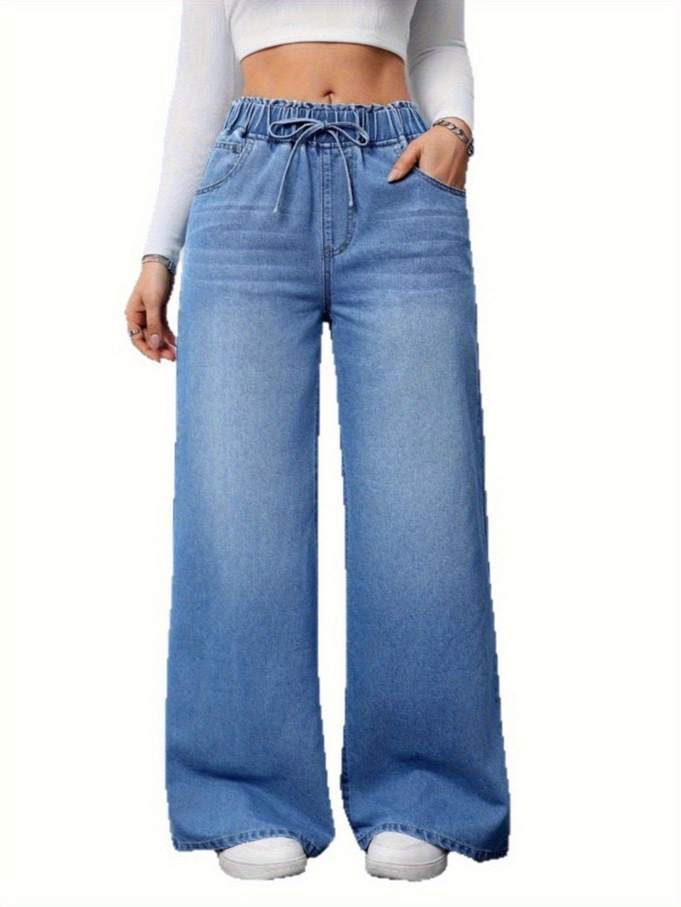 Women’s High-Waist Wide-Leg Jeans – 2025 Stretch Drawstring Denim
