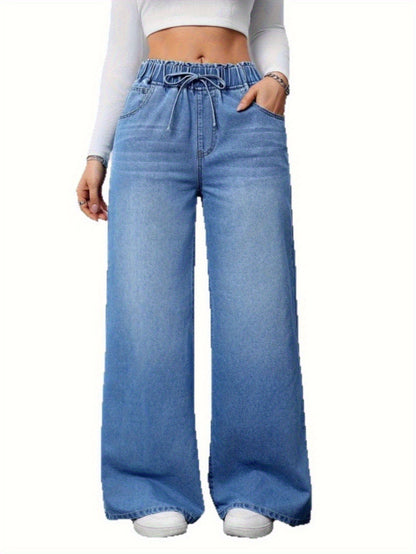 Women’s High-Waist Wide-Leg Jeans – 2025 Stretch Drawstring Denim