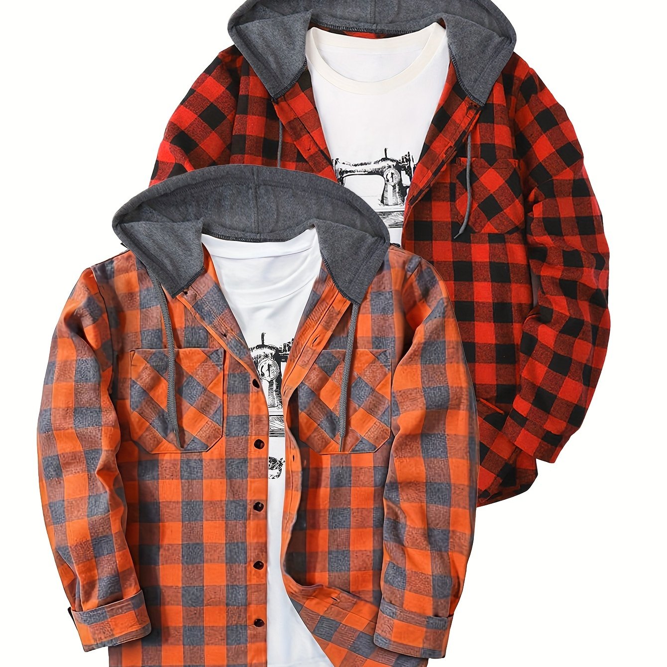 2-Piece Men’s Plaid Hooded Shirts – Button-Up Sweater Jacket Set