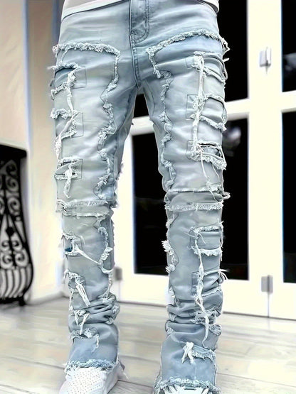 Men's Distressed Slim-Fit Jeans – Layered Rips & Patchwork Street Denim