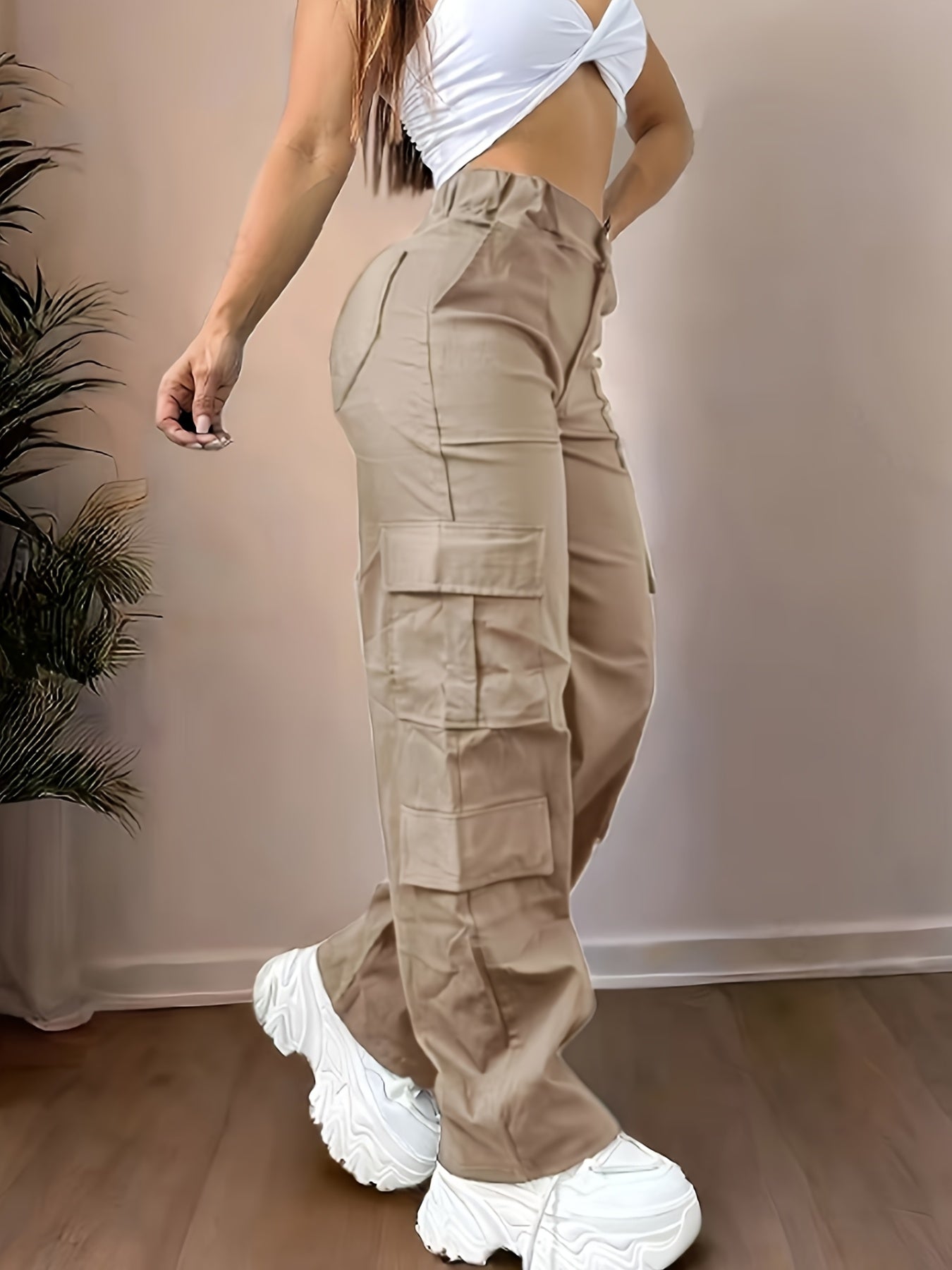 Pantalones cargo de cintura alta – Pierna ancha estilo urbano con múltiples bolsillos