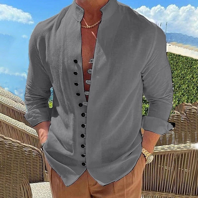 Chemise homme col mao en coton et lin – Cardigan décontracté coupe ample