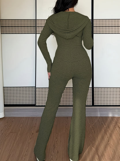 Hooded Zip-Up Set – Women’s Ribbed Flare Pants & Jacket Two-Piece