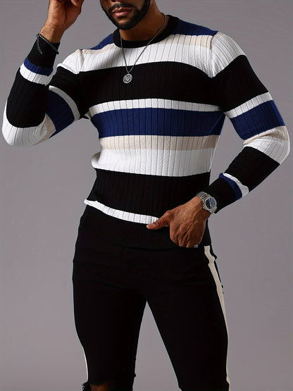 Men’s Striped Ribbed Knit Sweater – Color-Block Fall Winter Pullover