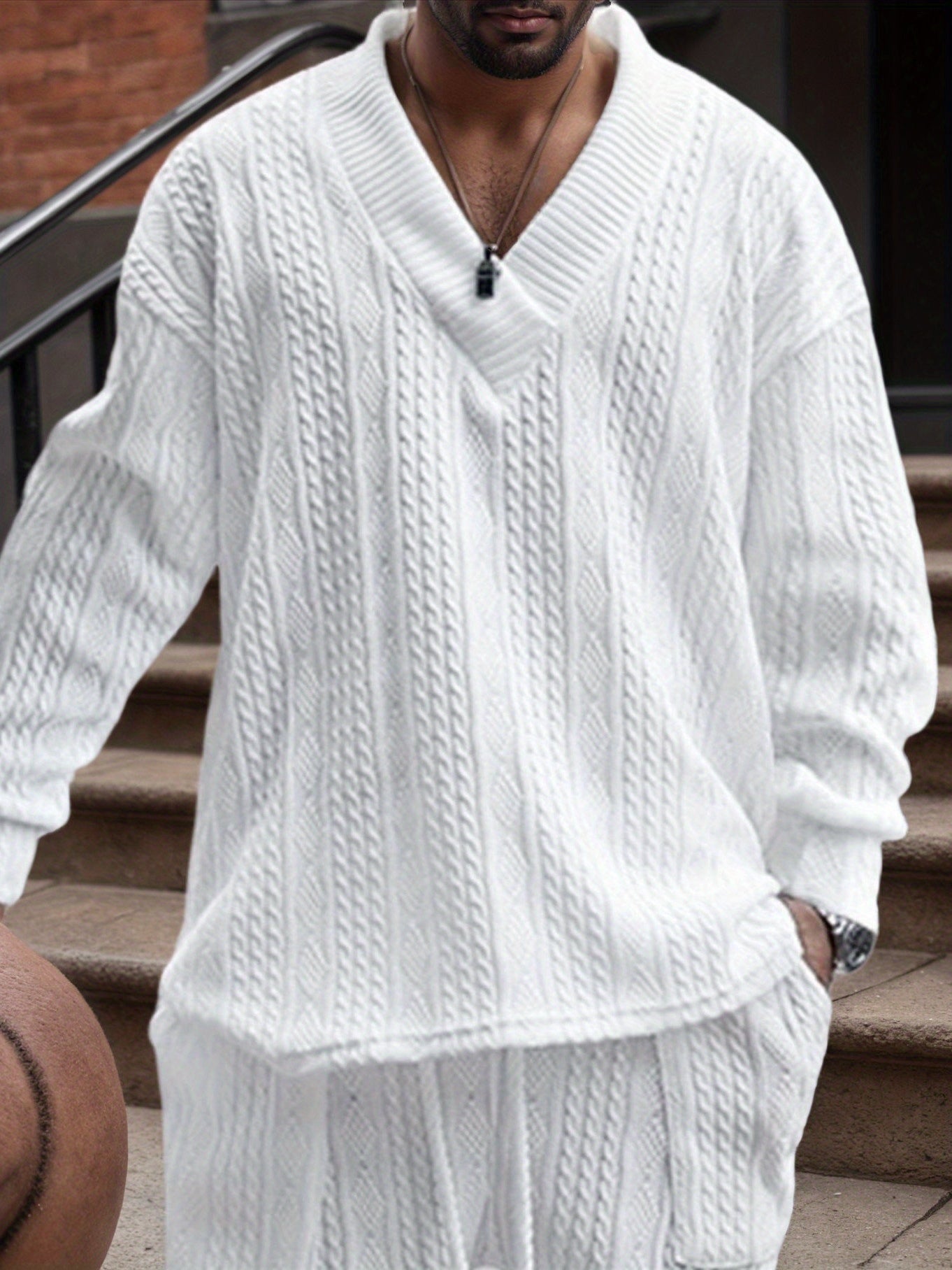 Pull décontracté pour homme en maille col V jacquard côtelé