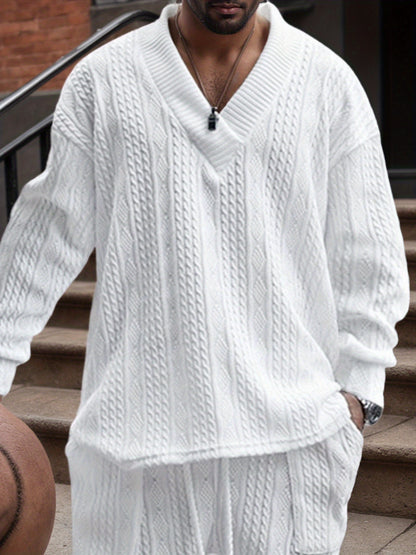 Pull décontracté pour homme en maille col V jacquard côtelé