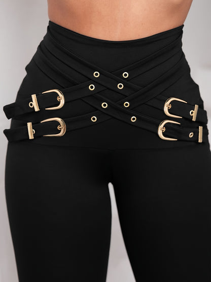 Women’s Cross Buckle High-Waist Pants – Stretch Fit Sculpting Leggings