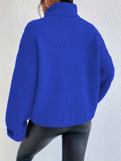 Women’s High-Neck Drop Shoulder Waffle Sweater – Vibrant Blue Knit