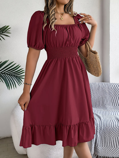 Vestido maxi de línea A con cuello cuadrado y mangas abullonadas – Elegante para primavera y verano