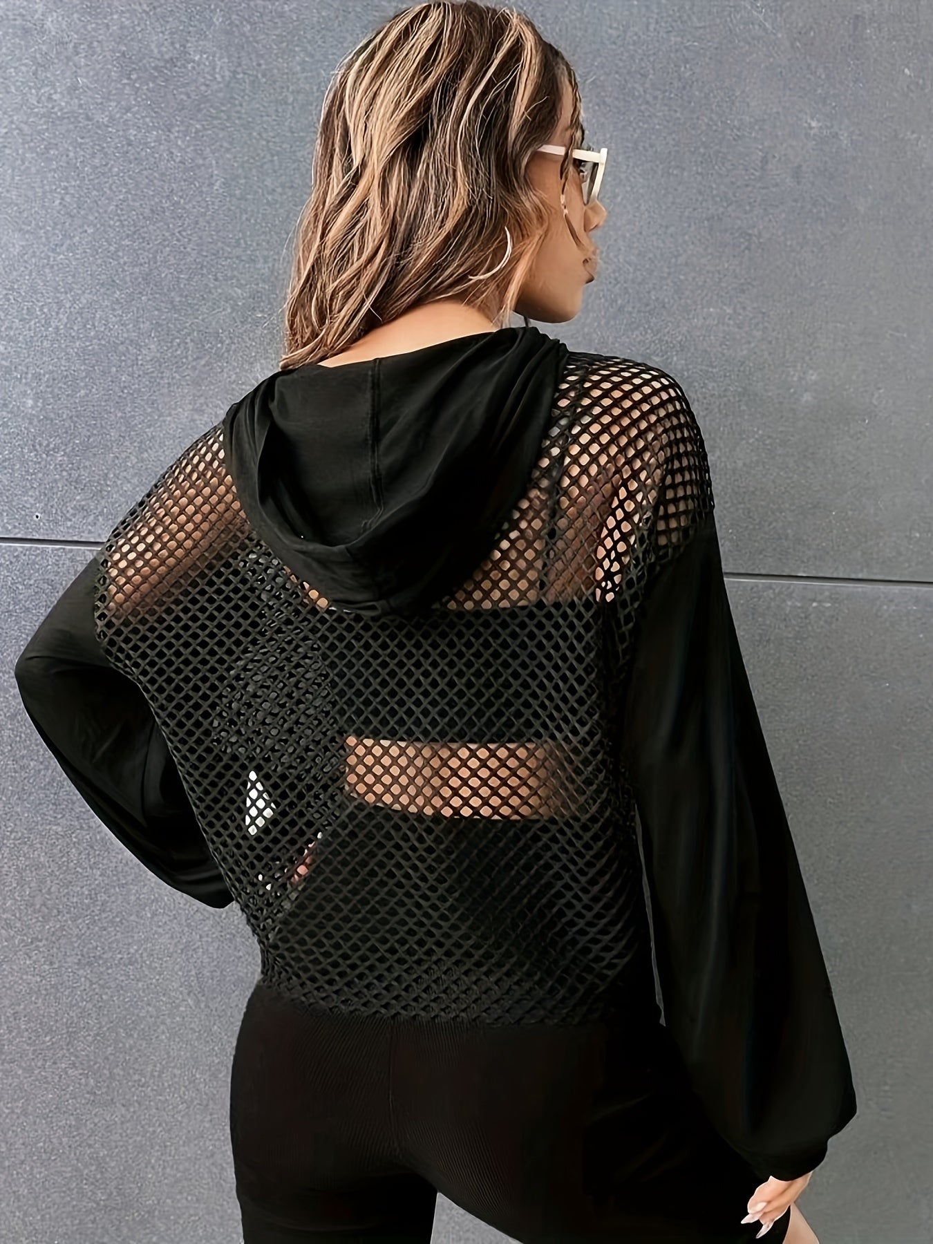 Y2K Mesh Hooded Long Sleeve Tee – Women’s Contrast Sheer Street Top