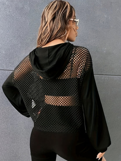 Y2K Mesh Hooded Long Sleeve Tee – Women’s Contrast Sheer Street Top