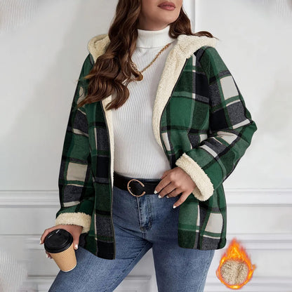Abrigo de mujer con capucha forrado de forro polar a cuadros – Calidez retro