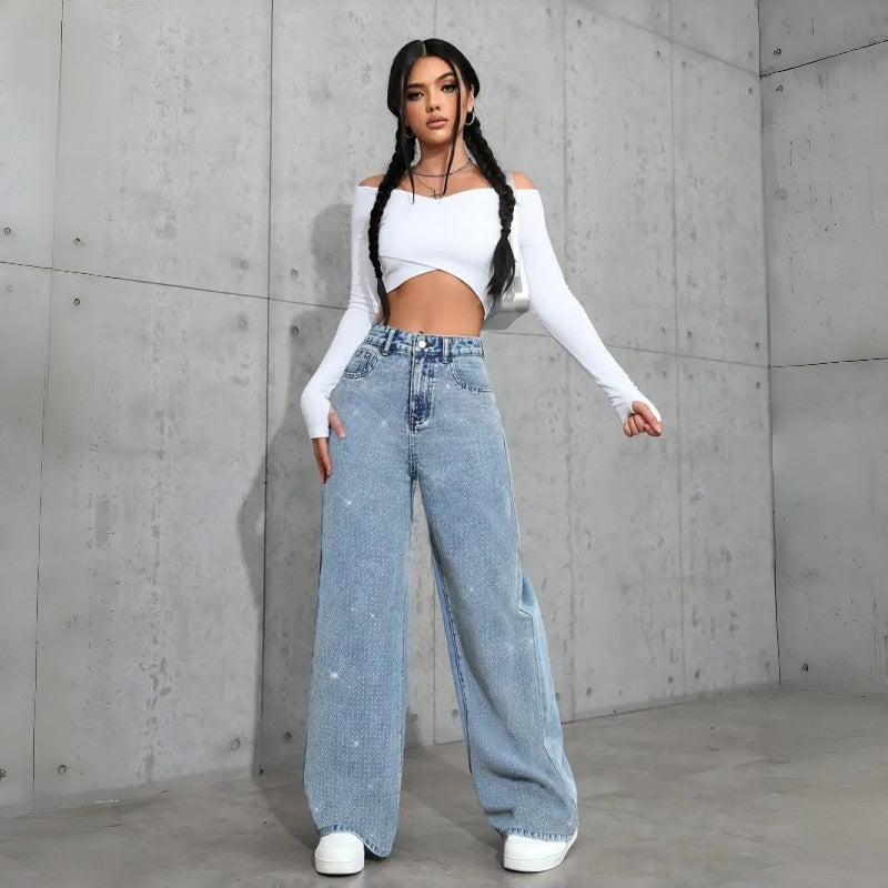 Women’s Rhinestone Wide-Leg Jeans – Loose Fit Statement Denim