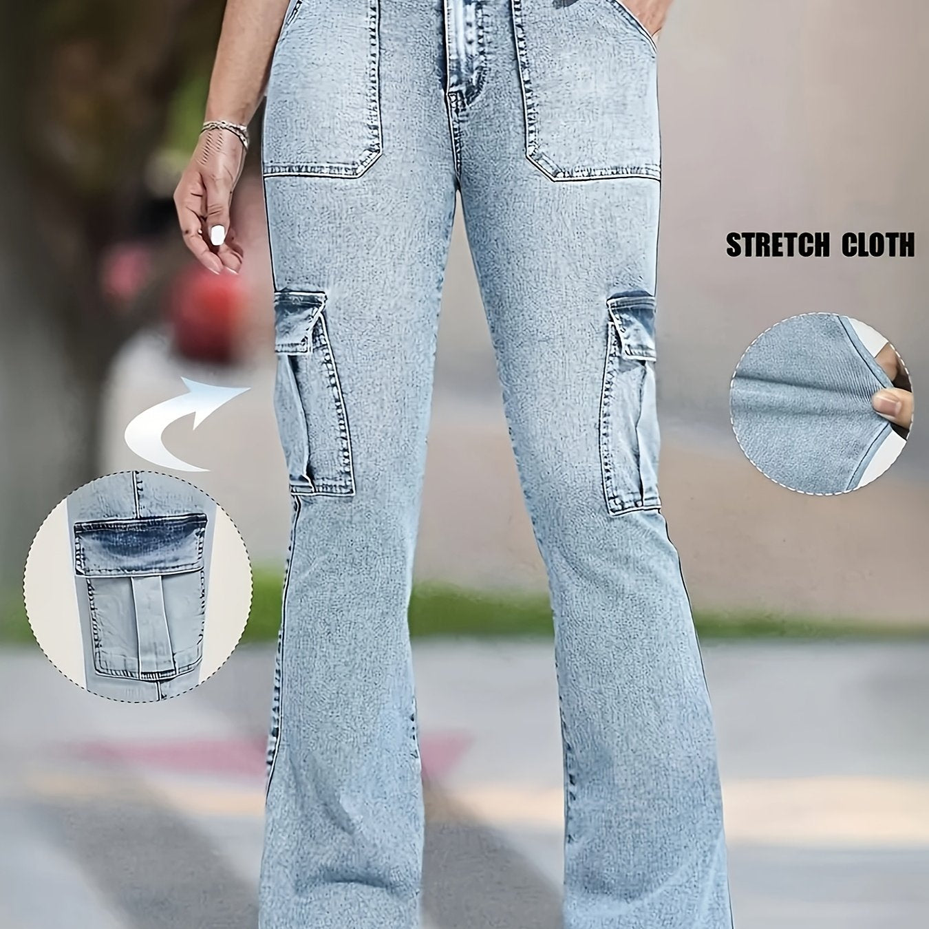 Jean cargo multipoche en jean pour femme – Jean de travail skinny à pattes d'éléphant