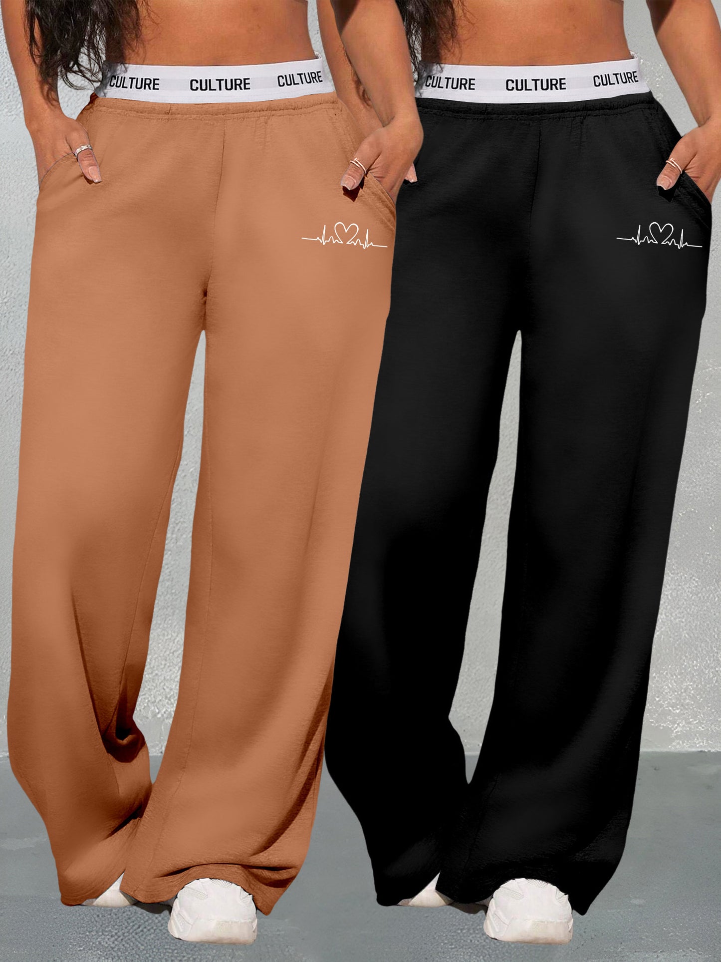 Women’s Geometric Love Print Two-Piece Set – Wide-Leg High-Waist Pants