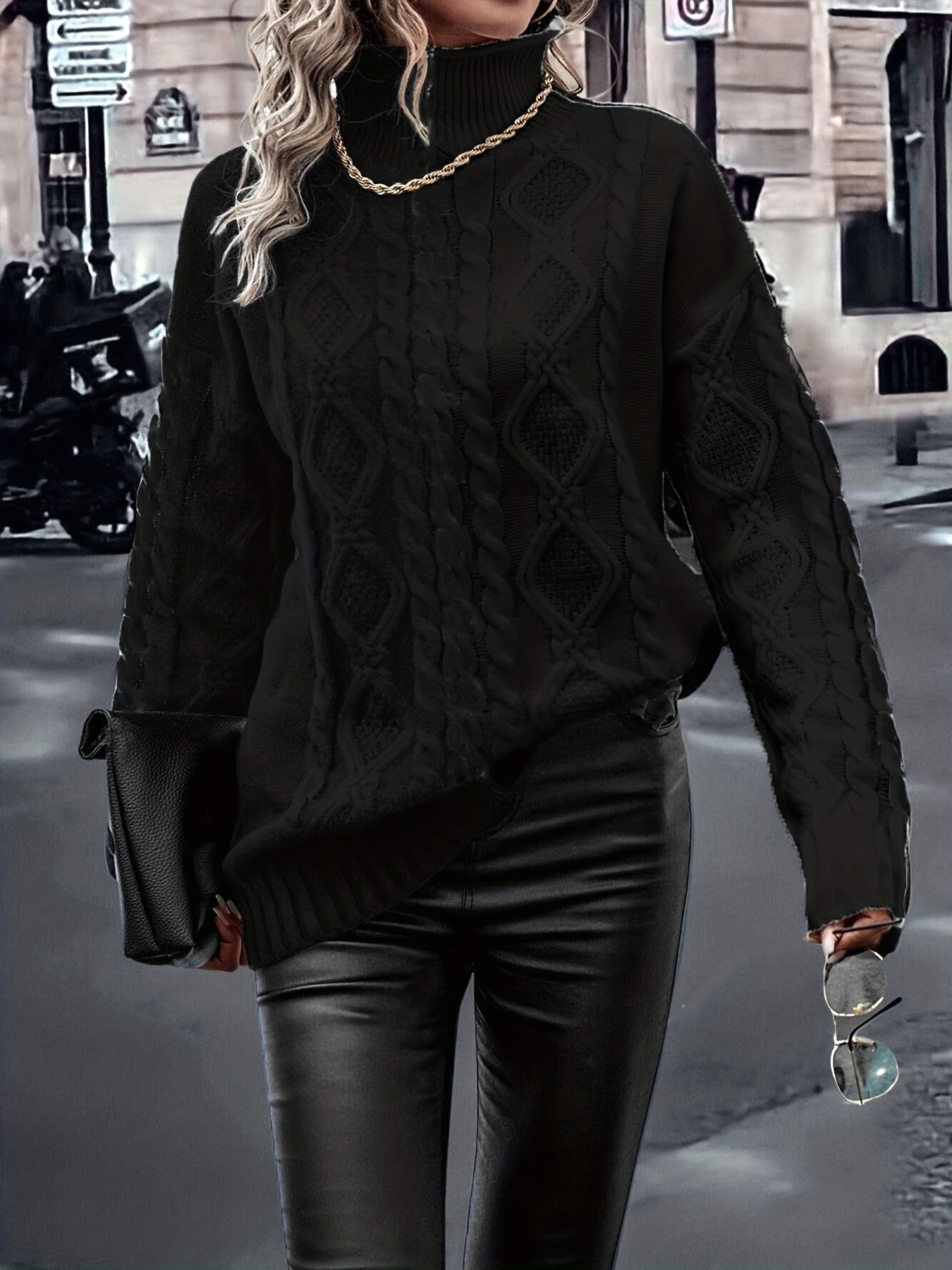 Elegant High-Neck Striped Blouse – Color-Block Knit Long Sleeve Top