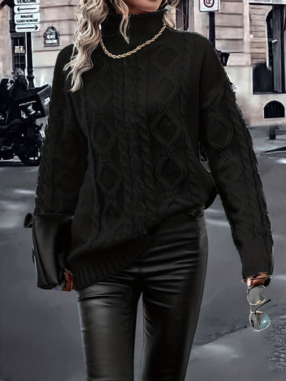 Elegant High-Neck Striped Blouse – Color-Block Knit Long Sleeve Top