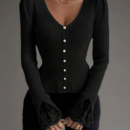 Women’s Elegant Pink V-Neck Pullover – Ribbed Long Sleeve Knit Top