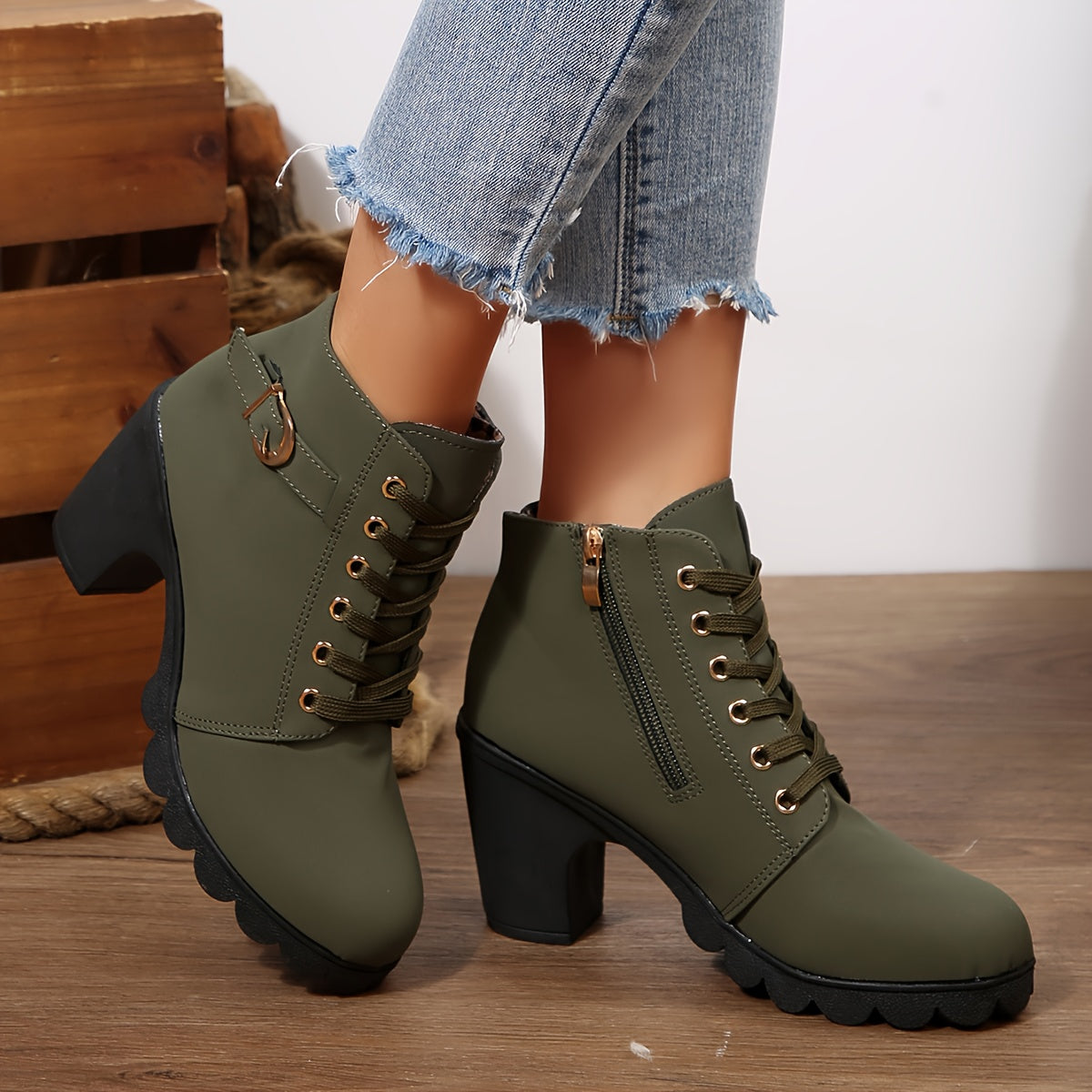 Botines de tacón alto para mujer - Tacón de bloque, elegantes, sin cordones